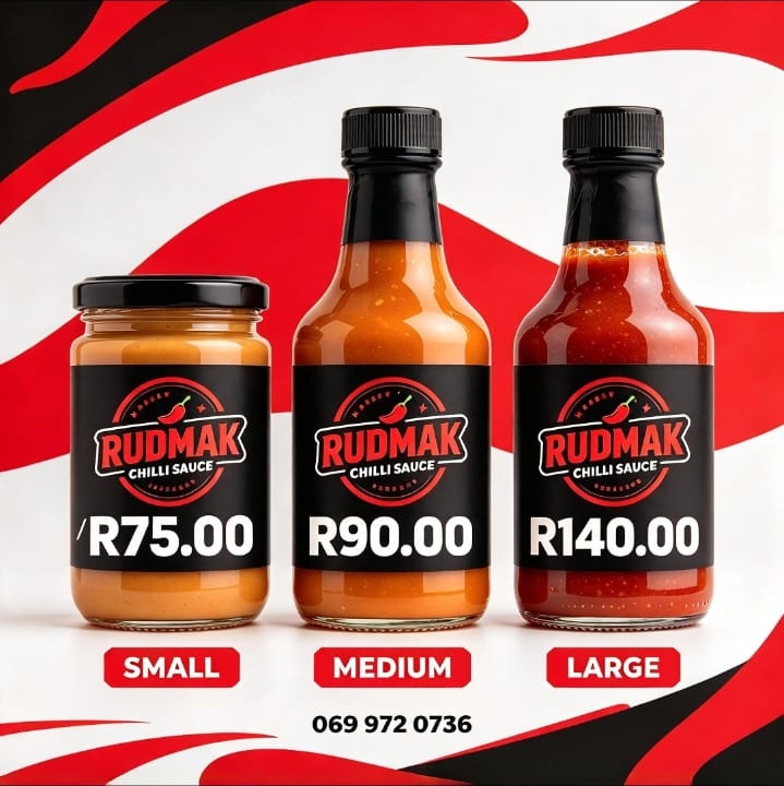Rudmak Chilli Sauce - Small R75, Medium R90, Large R140